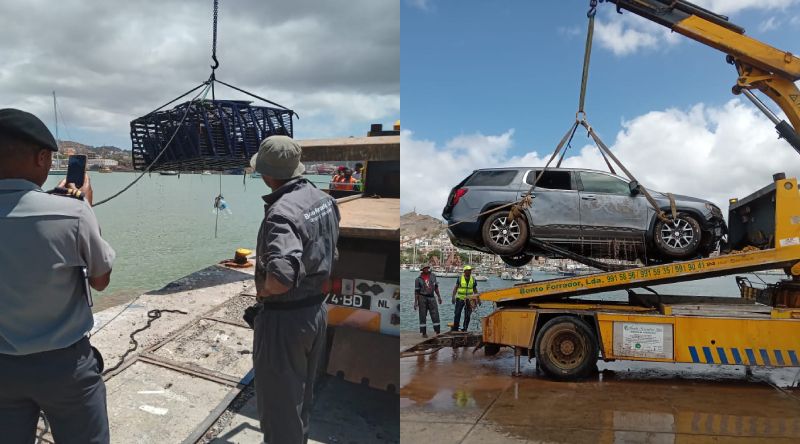 São Vicente/Chuvas: Guarda Costeira e parceiros extraem viatura e grade de garrafas de gás do mar